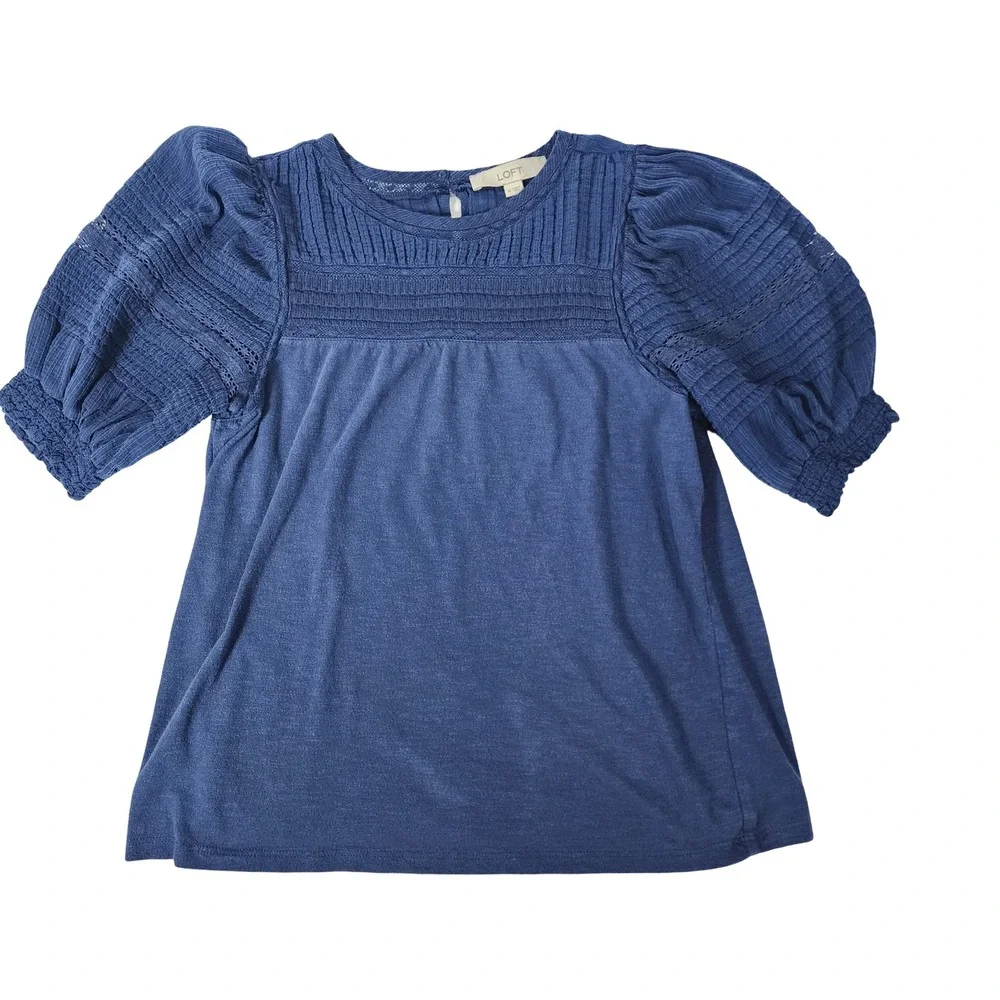LOFT Womens Blue Mixed Media Puff Sleeve Pintuck Lace Inset Top Medium